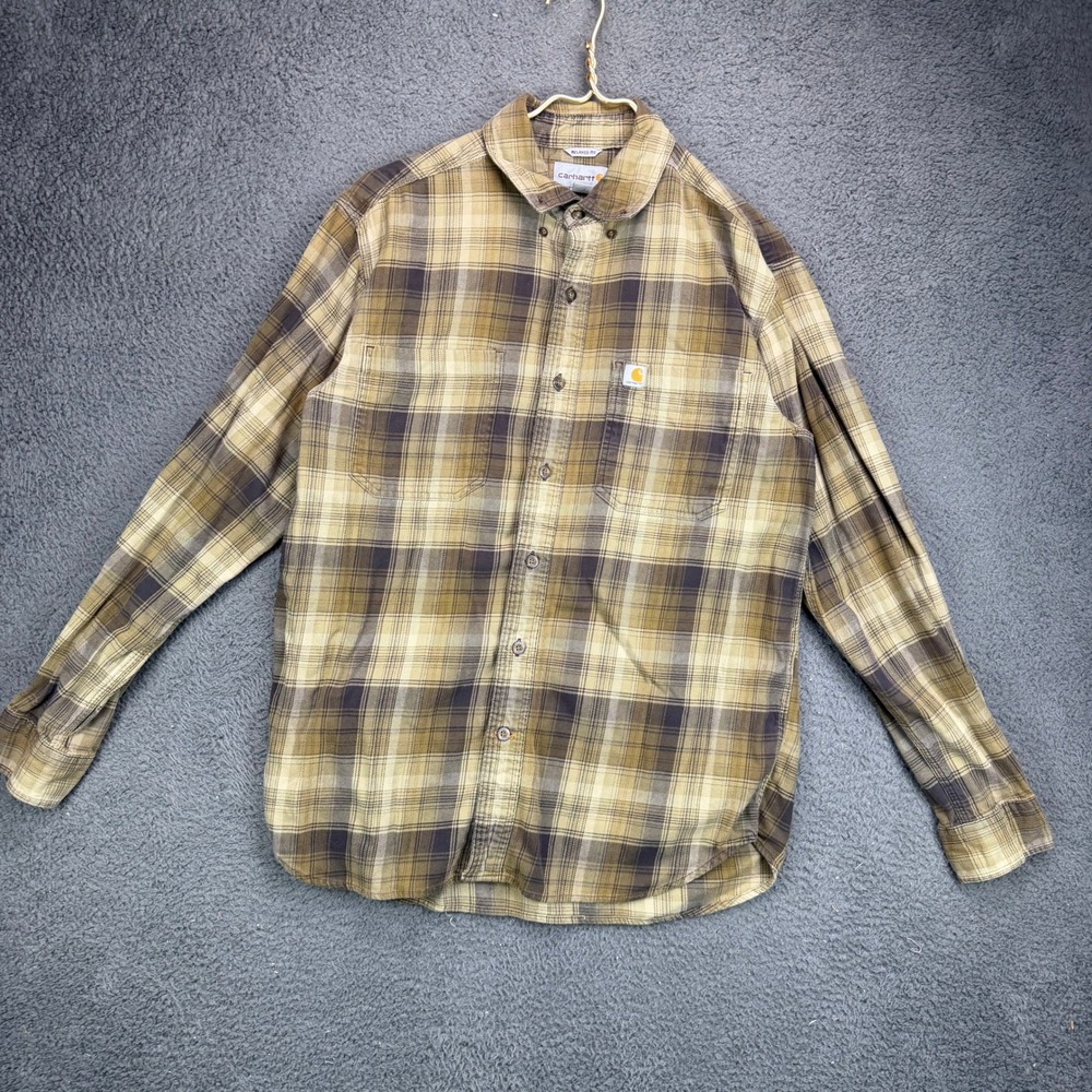 Carhartt Mens Relaxed Fit Plaid Button Down Shirt Brown Tan Size M 12736